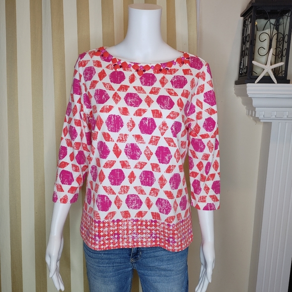 Ruby Rd. Tops - RUBY RD 3/4 SLEEVE GEOMETRIC PRINT TOP WITH BEADED NECKLINE, PINK/ORANGE MP